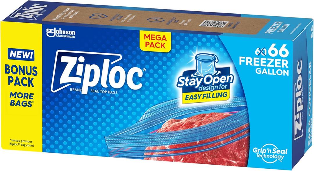 Ziploc Gallon Food Storage Freezer Bags, Stay Open Design with Stand-Up Bottom, Easy to Fill, 66 Bags Total (66 Count)