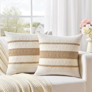 Fancy Homi Set of 2 Boho Neutral Decorative Throw Pillow Cover 20x20 Inch for Couch Bed Sofa, Aesthetic Modern Organic Farmhouse Home Decor, Soft Cotton Cute Accent Macrame Woven Tan Cushion Case