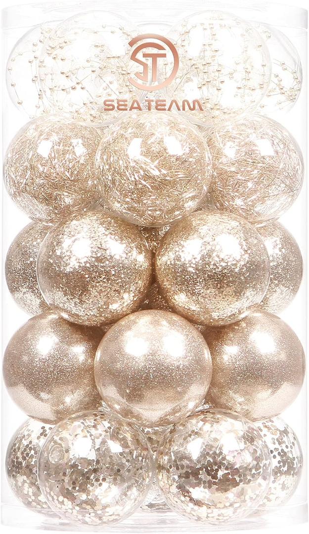 Sea Team 70mm/2.76" Shatterproof Clear Plastic Christmas Ball Ornaments, Transparent, See-Through, Crystal Baubles, Bulbs with Stuffed Delicate Decorations for Xmas Tree (30 Counts, Champagne)