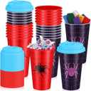 24 Pcs Spider Party Supplies Gift Spider Cup Bulk 16oz Thick Plastic Disposable Hot Cold Drink Cup Web Birthday with Lid for End of The Year Holiday Gifts (Red,Purple)