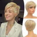 Pixie Cut Wigs Synthetic Short Blonde Pixie Haircut Wig with Bangs Glueless Layered Wig Wavy Wigs for Women