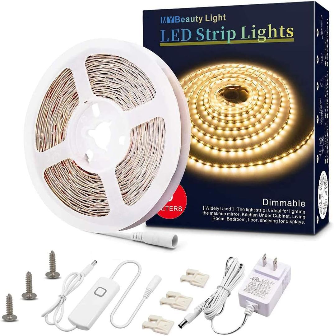 MY BEAUTY LIGHT LED Strip Lights Warm White, 16.4ft Dimmable LED Light Strip,12v Flexible LED Rope Lights Kits for Kitchen Cabinet Bedroom Party Decor