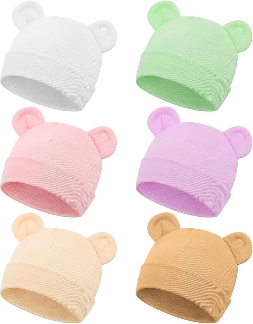 Toulite 6 Pcs Preemie Hats Cotton Preemie Beanies Baby Caps Cute Beanie Bear Ears Hospital Cap for Premature Baby Boys Girls (Light Colors)
