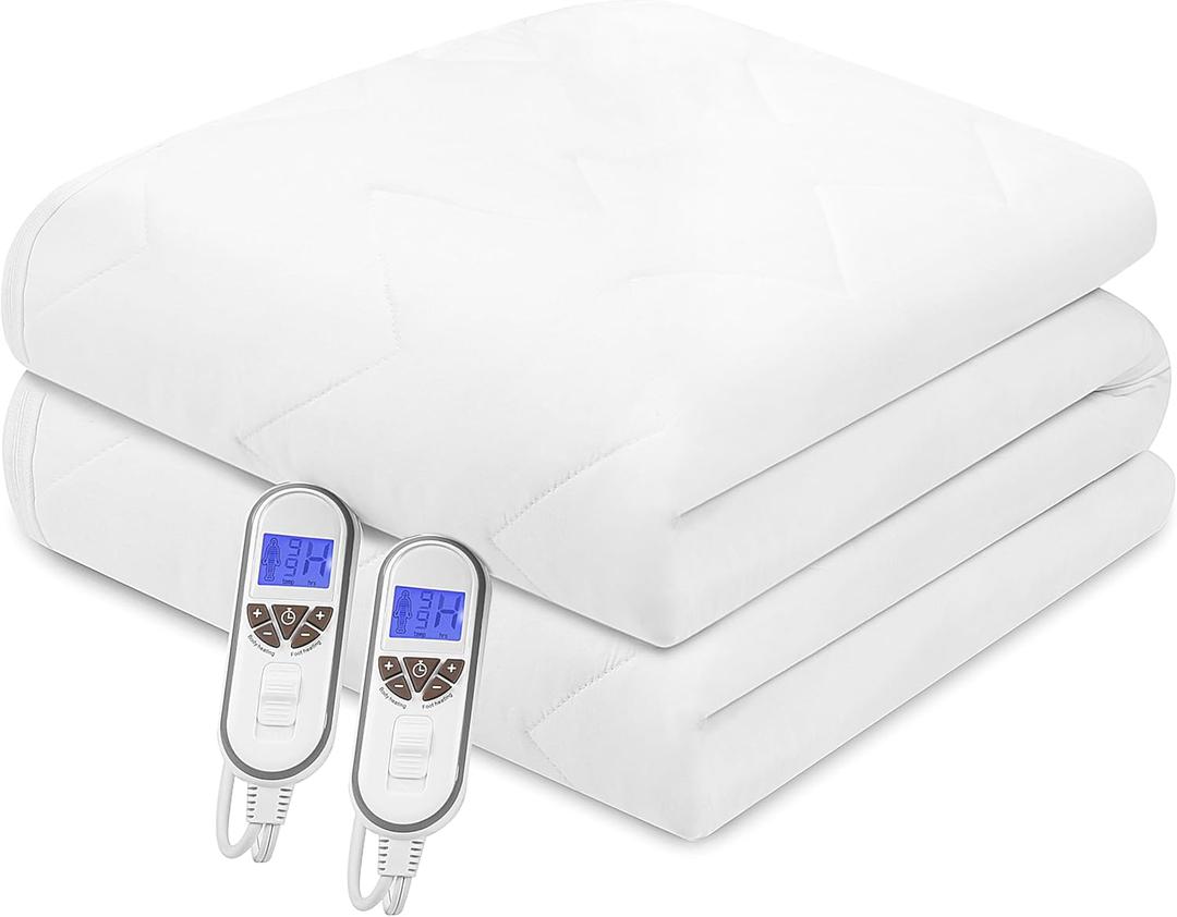 Bwarm Premium Multi-Zone Electric Heated Mattress Pad Queen Size, 60" x 80", Dual Controllers, 9 Heat Settings, 1-12 Hours Auto Off, Individual Body and Feet Settings, Machine Washable