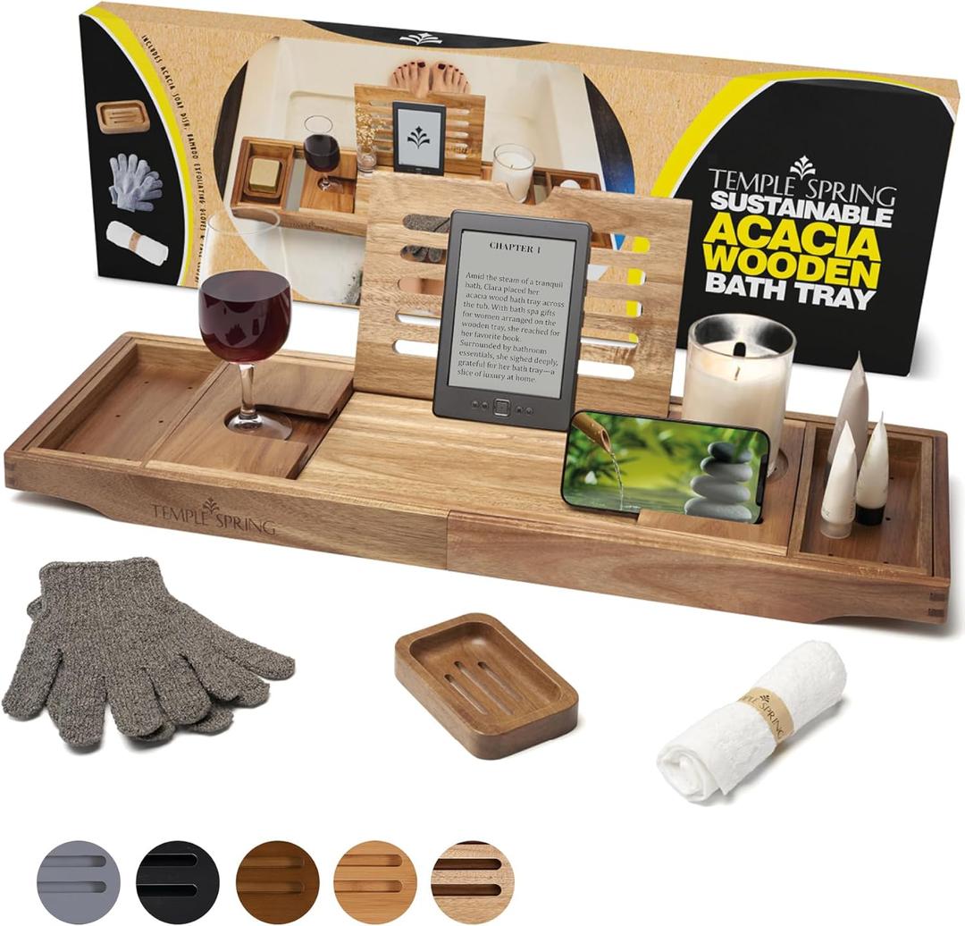 Temple Spring Acacia Wood Bathtub Tray Caddy for Tub Expandable Bath Tray with Solid Book Stand Wine Holder and Non-Slip Pads Includes Soap Dish and Spa Accessories Luxury Hardwood Bath Gift Set