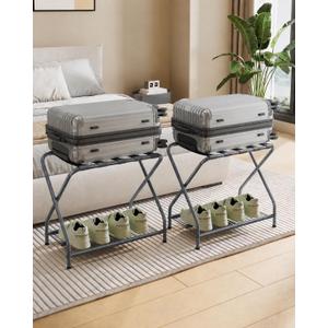 Set of 2 Foldable Gray Luggage Rack Stands with Storage Shelves  Heavy Duty Metal Suitcase Holders, 150 lbs Top, 50 lbs Bottom Each, Fits 20-28 Luggage  Guest Room, Bedroom, Hotel LR-GY-2