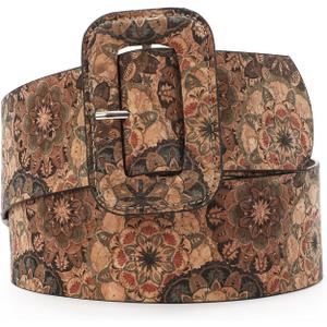 TRIWORKS Vintage Floral Boho Print Cork Belt 70s Style For Women's Jean Dress (Fit Size 25"-29")