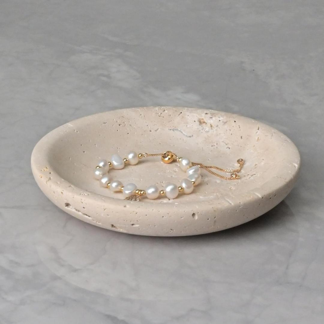 ZSHAWN Natural Beige Travertine Ring Dish Jewelry Tray  5.5" Trinket Dish for Rings Earrings Necklace, Scratch-Resistant Vanity Organizer, Elegant Gift for Women