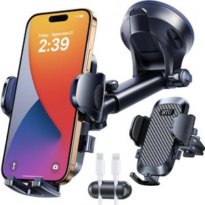 HTU 2025 Best Car Phone HolderUltimate 5-in-1 & Upgraded 100+LBS Strongest SuctionTrue Military-Grade & Safety Cert Windshield Phone Mount, Dashboard Vent Stand for iPhone Android & Truck, Black