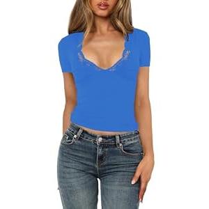 Spring Tops for Women Y2K Short Sleeve Lace Trim V-Neck Slim Fit Basic Royal Blue Tees Summer Casual Vacation Party Going Out Crop Tops Sexy Trendy Clothing (8638, M, Royal Blue)