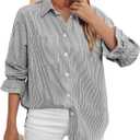 LEMAFER Women's Smocked Cuffed Stripe Boyfriend Button Down Shirts 2025 Collared Ruffle Sleeve Casual Top with Pockets