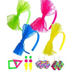 8 Pack 80s Earrings and Lace Headband with Bow for Women 80's Neon Accessories for Halloween Costume Retro 80 S Theme Party Outfit