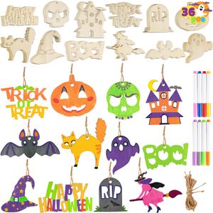 JOYIN 60 Pcs Halloween Craft Wooden Painting Kit, Halloween Party Supplies, Party Favors for Kids, Wood Blank Cutouts Ornaments, Gift Tags Decor for School Art DIY Activities Goodies Games