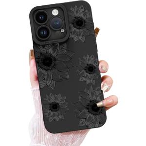 OOK Floral case for iPhone 15 Pro Max Case, Cute Sunflower Floral Blooms Design Soft TPU Shockproof Protective for Women Girls Slim Phone Cover - Black Flower