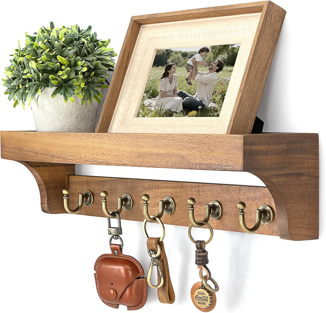 Rebee Vision Acacia Wood Farmhouse Key Holder Wall Mount for Room Decor Retro Key Holder for Wall with Shelf for Cute Things Stylish Home Storage for Apartment Essentials (Acacia Wood)
