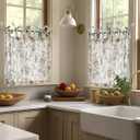 jinchan Floral Linen Tier Curtains 36 Inch Farmhouse Cafe Curtains Tie Top Botanic Drapes for Small Windows Over Sink for Kitchen Country Rustic Laundry Room Bathroom RV 2 Panels Black on Beige