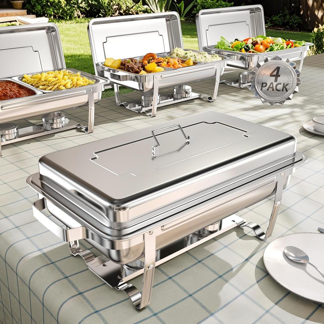 9Qt 4Pack [Multi-Size] Chafing Dish for Buffet | 80% Faster Screwless Assembly & Stackable Design for Wedding/Home/Christmas Buffets (Silver)