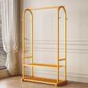 Gold Clothing Rack for Hanging Clothes,Sturdy metal clothes rack,Modern Garment Rack with Bottom Storage Shelves and 6 Side Hooks, Freestanding Wardrobe Rack for Bedroom or Closet, 31.5in