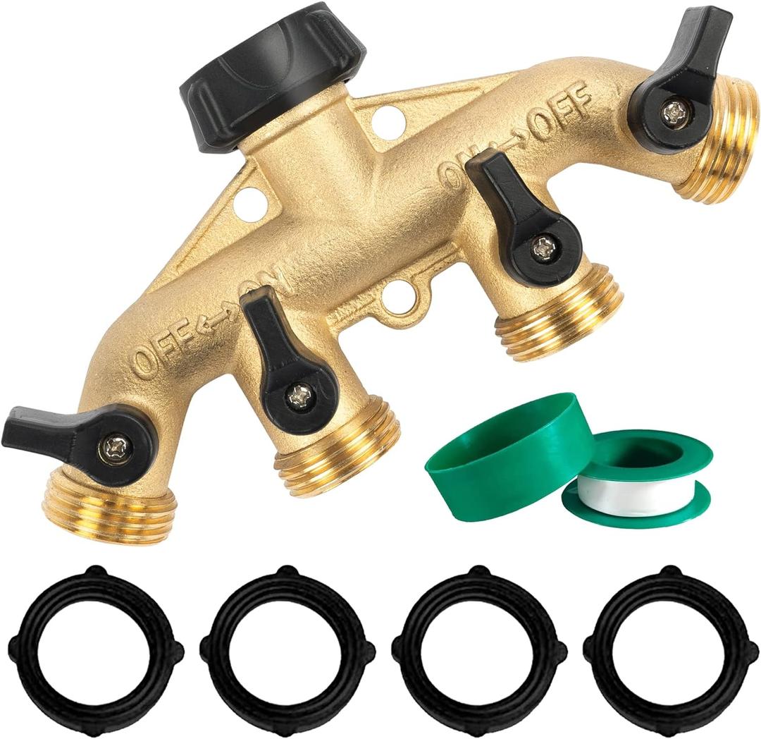 Hourleey Brass 4 Way Heavy Duty Garden Hose Splitter, Water Hose Splitter for 3/4" Hose Connector, Hose Faucet Splitter Hose Spigot Adapter 4 Valves with 4 Rubber Washers & Tape