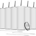 6 Pack Stainless Steel Skinny Tumbler, 20 OZ Double-Insulated Water Tumbler Cup with 6 Straw and 3 Brush, Vacuum Travel Mug Gift for Hot Cold Drinks with Cleaning(White)