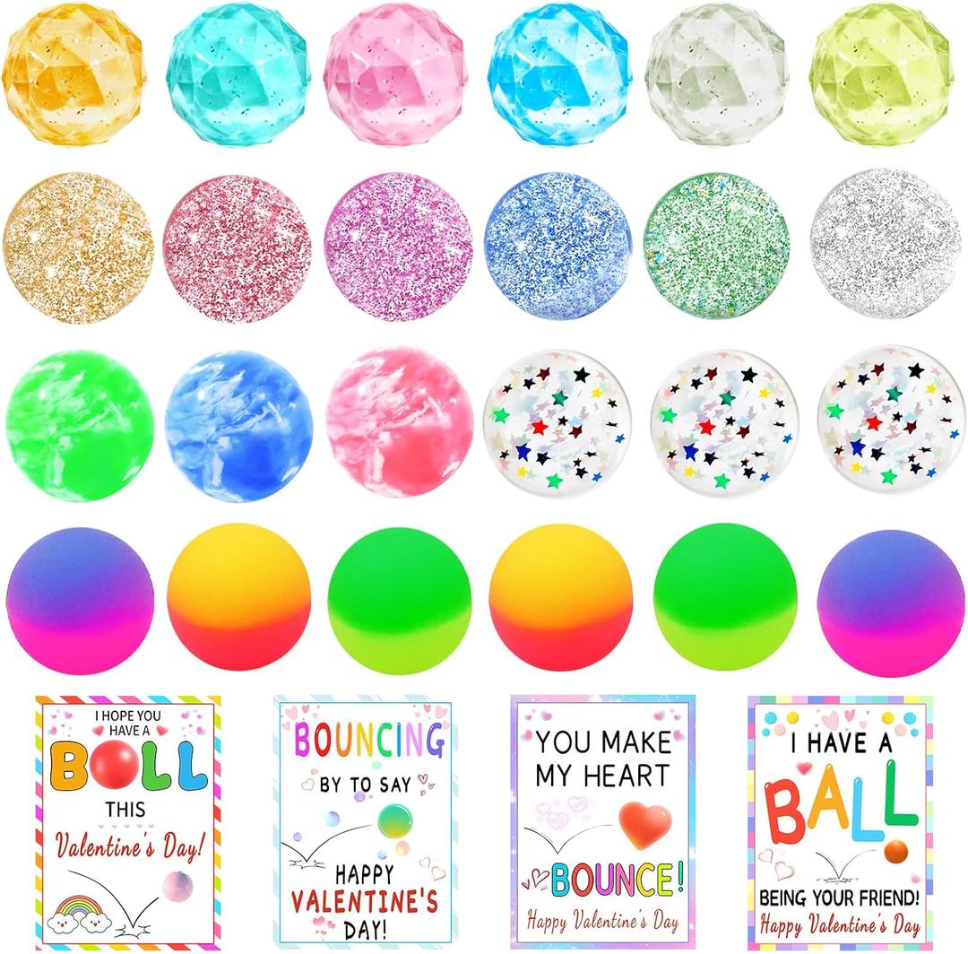 Valentines Gifts for Kids - Valentines Day Cards for Kids School, 24 Pack Bouncy Balls, Fidget Toys Bulk, Valentine Exchange Party Favors Boys Girls Class Classroom Prize