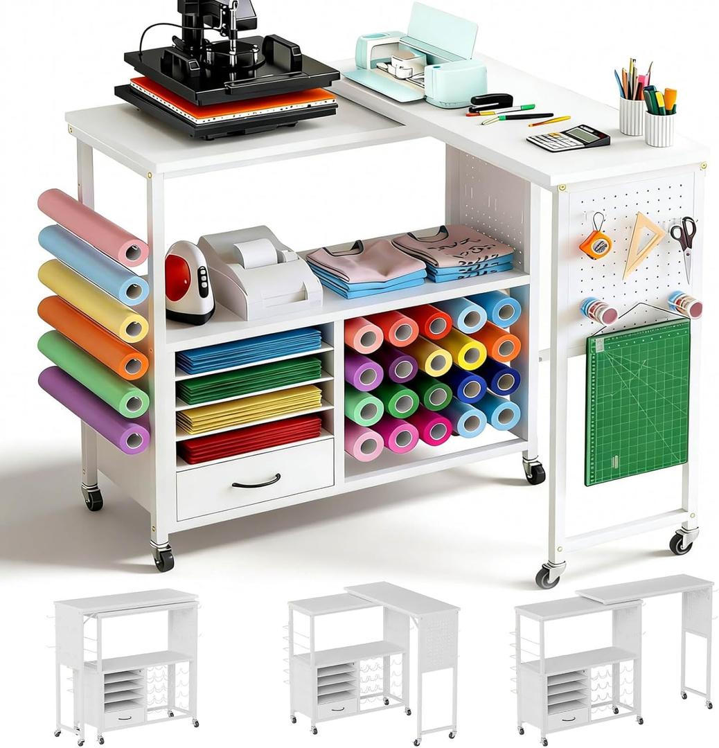 360 Rotating Craft Cart with 26 Vinyl Rolls Storage & Side Pegboards | Mobile Rolling Workstation for Heat Press, Compatible with Cricut Machines | Locking Brakes for Craft Room Home Office