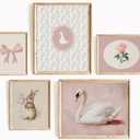 YUFXSTZV 5Pcs Vintage Pink Nursery Wall Art Pink Bow Wall Decor Flowers Animal Canvas Painting Bunny, Swan, Peony Prints for Nursery, Girls Bedroom Kids Room Picture Unframed