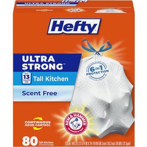 Hefty Ultra Strong 13 Gallon Trash Bags, Tall Kitchen Trash Bags 13 Gallon Size, Drawstring Closure, Continuous Odor Control, White, Unscented, 80 Bags