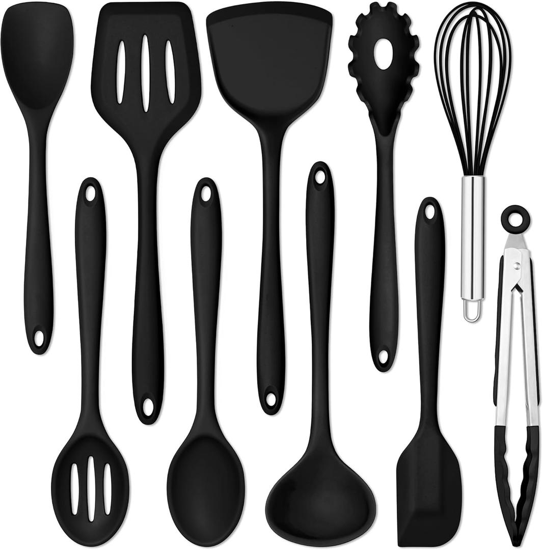 E-far 10 Pieces Silicone Cooking Utensils Set, Heat Resistant Kitchen Utensil Set for Nonstick Cookware, Kitchen Cooking Tools with Spatula, Spoon, Slotted Turner, Non-Toxic & Dishwasher Safe (Black)