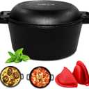 2-in-1 Dutch Oven, Cast Iron Pot with Lid, 5.5 Quart, Pre-Seasoned, All-in-One Cookware Set for Camping, Lodge or RV (Black)