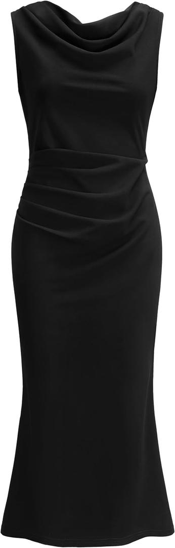 OWIN Womens 2025 Cowl Neck Long Formal Dresses Summer Sleeveless Maxi Bodycon Dress Ruched Mermaid Cocktail Dress (Black, L)