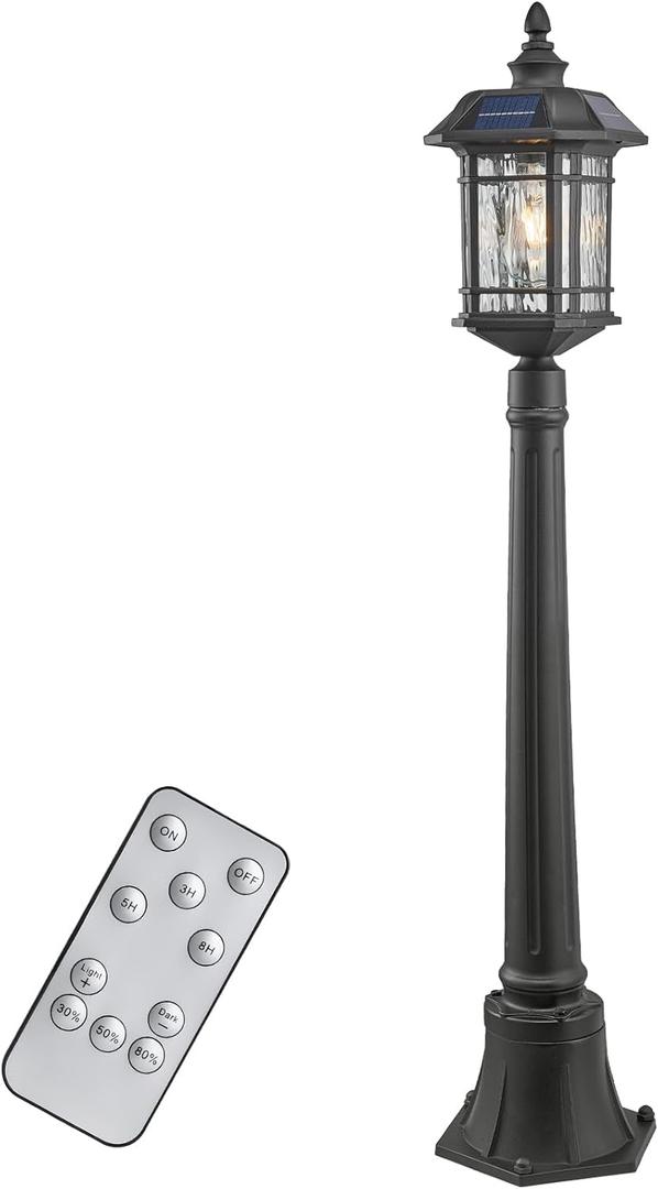 Solar Lamp Post Light with Water Ripple Glass Dusk to Dawn Outdoor Post Lights Hard Wired Waterproof 41 Inch Large Aluminum Solar Pole Lights Include Remote Control and LED Bulb (Black)