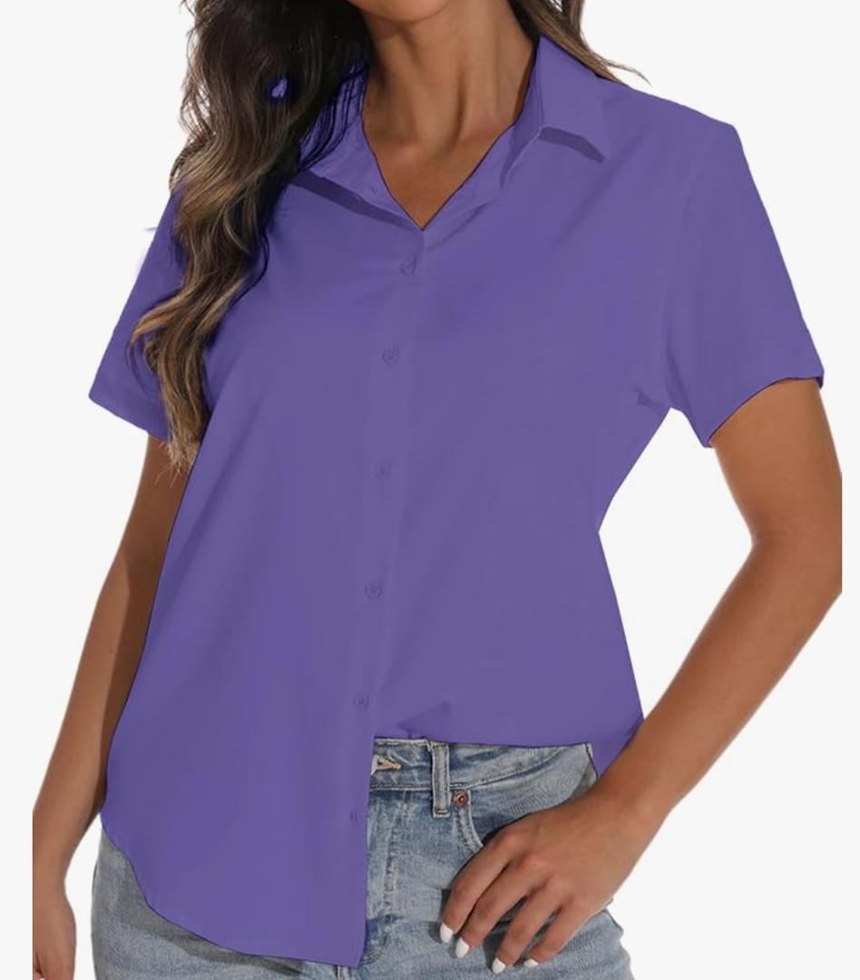 Women's Short Sleeve Button Down Shirt Womens Shirts Dressy Casual Business Work Blouses V Neck Collared Tops Size M Purple