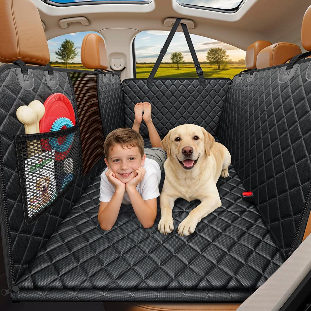 URPOWER Backseat Extender for Dogs - Hard Bottom Dog Car Seat Cover for Back Seat, Dog Hammock for Car and SUV, Pet Rear Seat Protector Dogs Travel Bed with Mesh Window (Medium - For Most Sedans & SUVs, All Black)