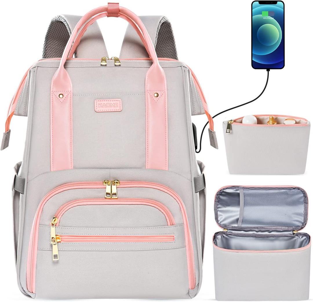 Kaome Lunch Backpack 15.6 Inch Laptop Backpack for Women with USB Port Nurse Gift Teacher Work Backpack Cooler Insulated Lunch Bag Waterproof Daypacks for Work Picnic Travel Anti-theft (Grey Pink)