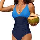 Charmo Tummy Control One Piece Swimsuits for Women Ruched Bathing Suits Strappy V Neck Monokini (Medium, Blue Navy)