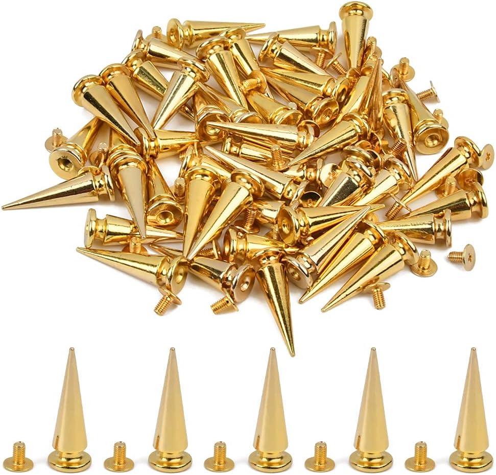 BUYGOO 50 Sets Cone Spikes Screwback Studs, Gold Studs and Spikes Punk Spikes for DIY Leather Crafts and Clothing (10 X 29mm)