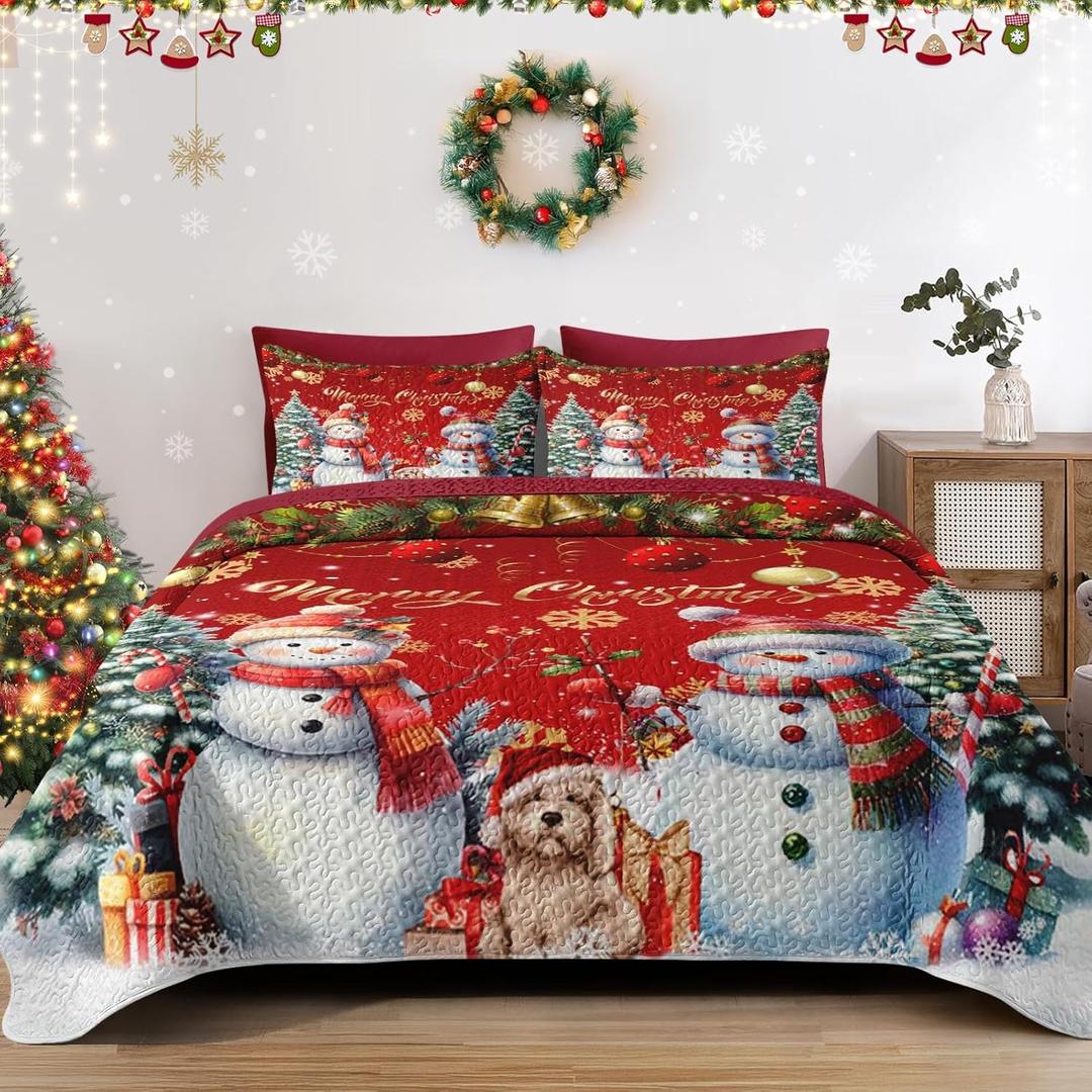 Christmas King Size Quilt Set, Dark Red Xmas Snowman Lightweight Bedspread Coverlet with Pillow Shams for Kids and Adults, Winter Snowflake Pine Tree 3 Pcs Bedding Bed Cover