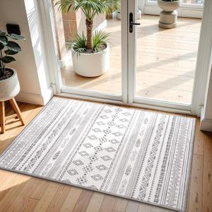Terrug Boho Area Rug for Entryway, Grey 2x3 Washable Rugs with Non Slip Rubber Backing for Kitchen, Soft Geomtric Stain Resistant Small Carpet for Bedroom Bathroom Floor Decor