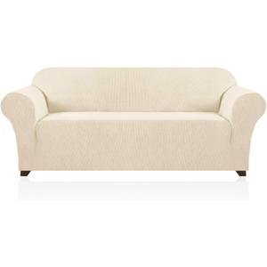 PrinceDeco Stretch Sofa Cover Slipcover Couch Covers for 3 Cushion Non Slip Elastic Bottom Dogs Pet Friendly Fitted (Sofa, Biscotti Beige)