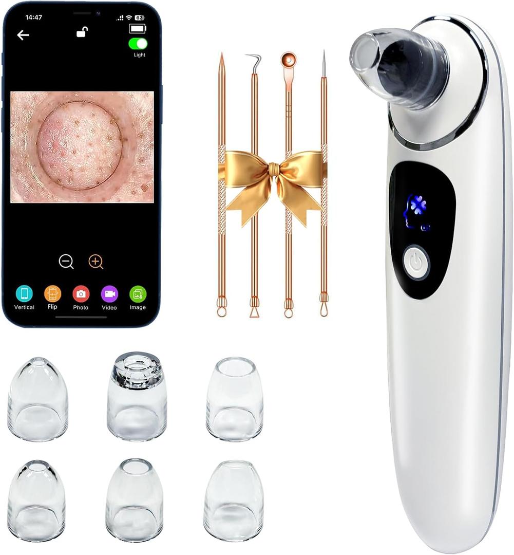 2026 Pore Vacuum with Camerafor, USB Rechargeable Blackhead Remover Vacuum,3 Levels Adjustable Pore Vacuum Blackhead Remover, 2Suction Heads,Face Vacuum Pore Cleanser for Women & Men-White