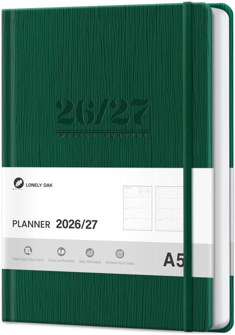 Academic Planner 2026-2027, A5 Daily Weekly and Monthly Agenda Planner
13 Months Faux Leather School Year Agenda from Jul.2026 to Jul.2027 for Student and Teacher 5.75" x 8.4" (Green)