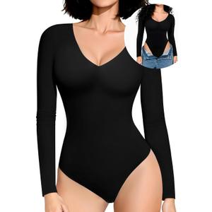 Upushall Long Sleeve Bodysuits for Women Sexy Thong V Neck Body Suits Double Lined Bodysuit, Black S (Black, S)
