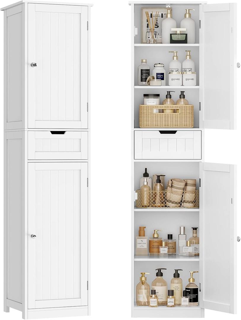 TEENFON 67" H Tall Bathroom Cabinet with 2 Doors & 1 Drawer, Narrow Bathroom Storage Cabinet with Adjustable Shelves, for Living Room, Entryway, Kitchen, White, 15.7"D x 11.8"W x 67.1"H