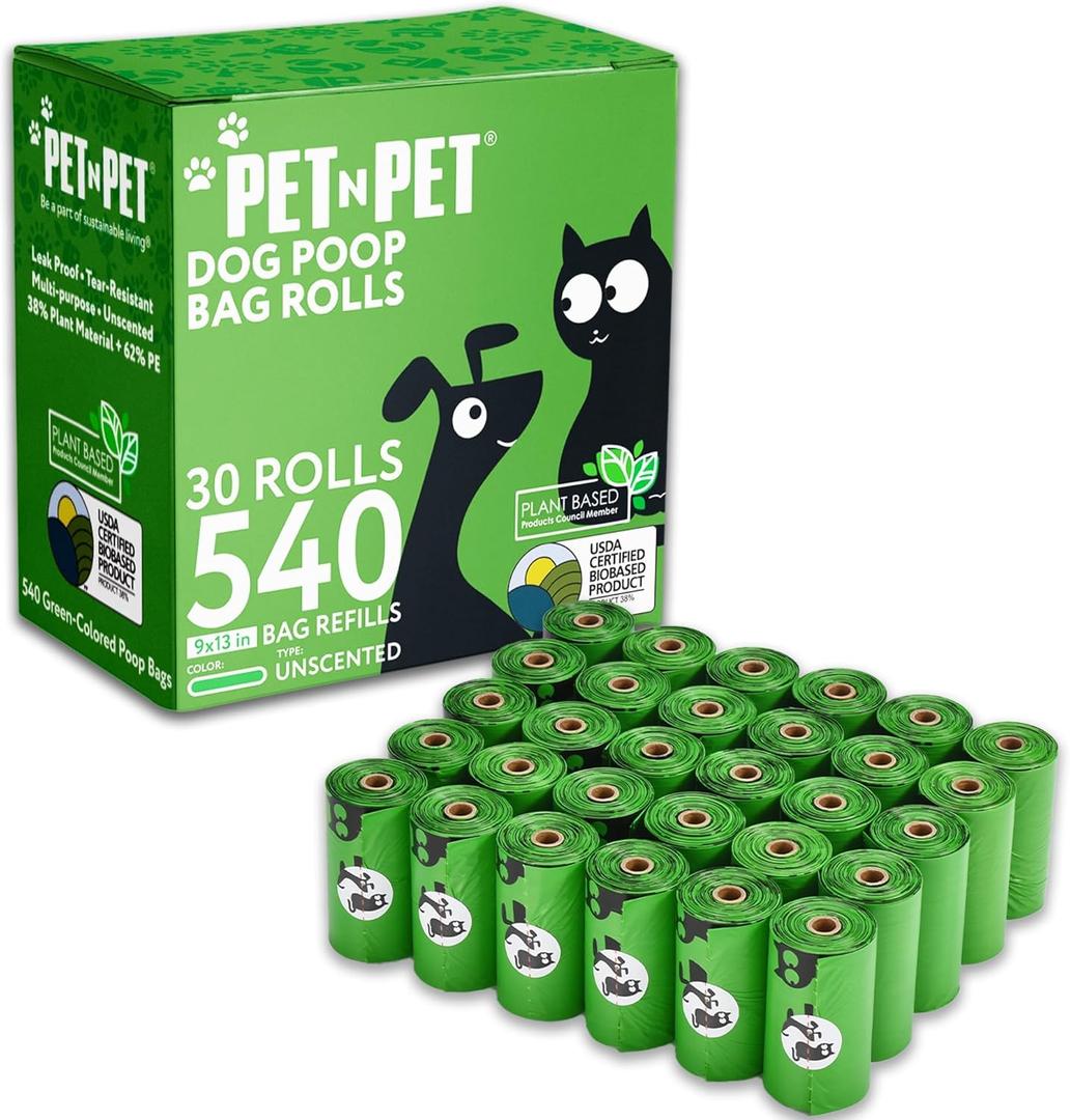 Pet N Pet 540 Counts Green Poop Bags for Dogs, 41% Plant Based & 59% PE Extra Thick Dog Poop Bags Rolls, 9" x 13", Unscented Dog Waste Bag, Pet Supplies for Dogs