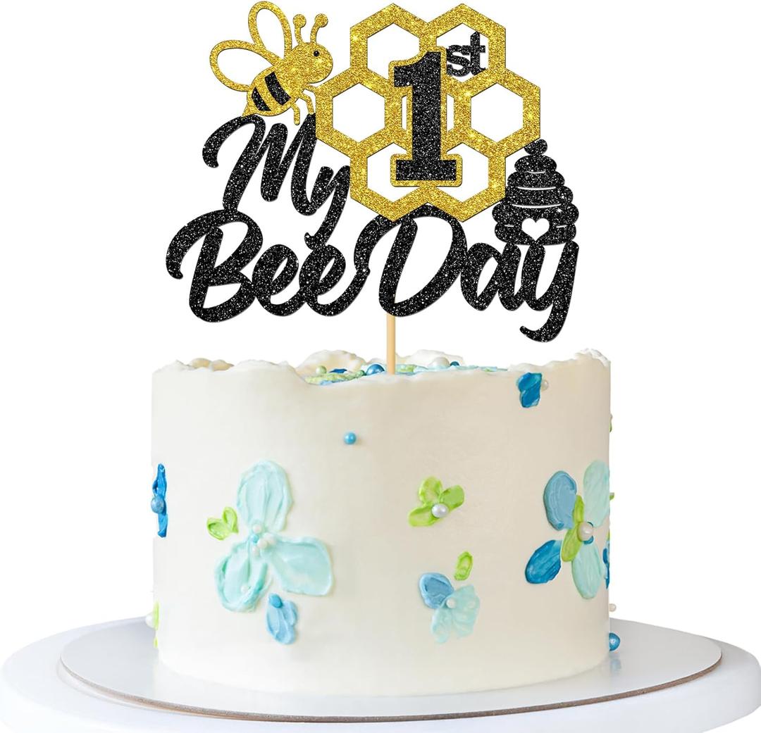 My 1st Bee Day Cake Topper - Bee Theme Baby Shower Party Cake Supplies - Happy Bee Day - Baby 1st Birthday Party Decoration - Black Glitter