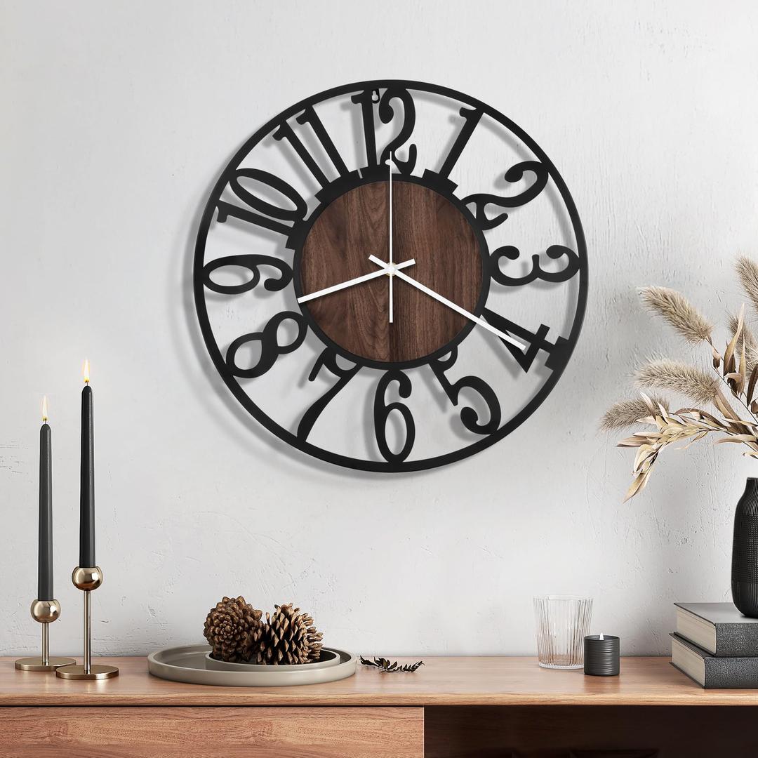 Maxstar Wall Clock Battery Operated,Silent Non-Ticking Modern Rustic Metal Round Clocks Small for Living Room/Bedroom/Office/Kitchen/Farmhouse Home Decor-12 Inch(Brown-Wood)