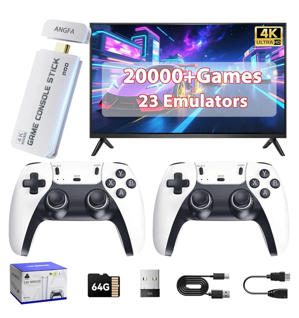 Wireless Retro Game Console Built-in 20,000+ Games and 23 Emulators, 2026 New Upgrade Plug & Play Retro Gaming Console Pro with 4K Output & Dual 2.4G Controllers, Nostalgic Game Stick (64GB)