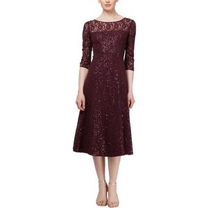 S.L. Fashions Women's Midi Length Sequin Fit and Flare Dress (Missy Petite), Lace Fig, 12