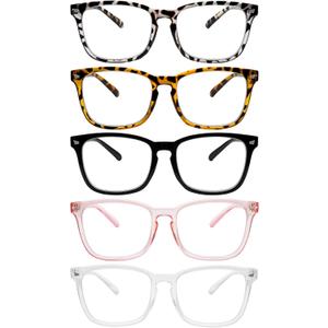 5 Pack Blue Light Blocking Reading Glasses Fashion Square Computer Readers for Women Men, Anti UV Ray Nerd Eyeglasses (5 Mix, 1.5)